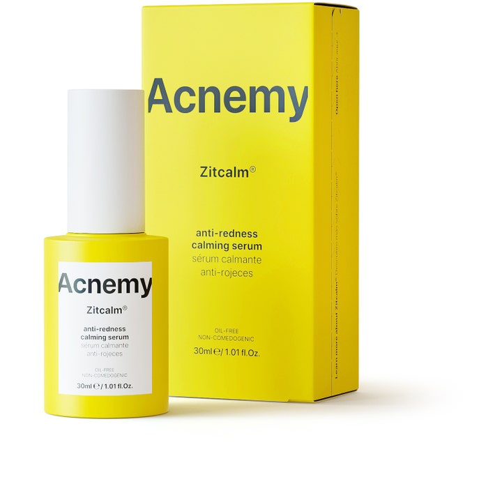 Acnemy Zitcalm Serum 30 ml beroligende ansiktsserum mot rødhet i gul flaske med hvit kork og matchende eske