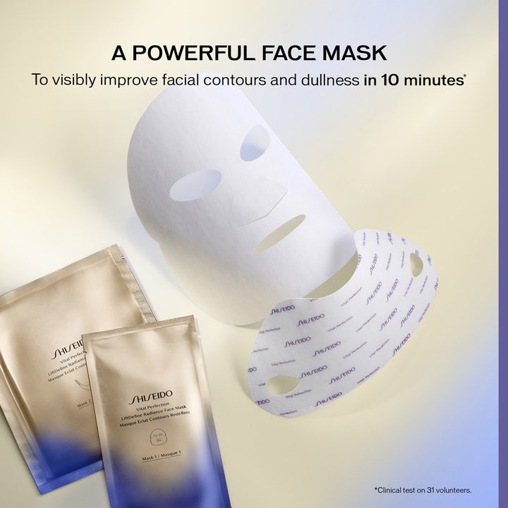 Shiseido Vital Perfection Liftdefine Radiance Face Mask 10 g sheetmaske i to deler forbedrer konturer og gir glød.
