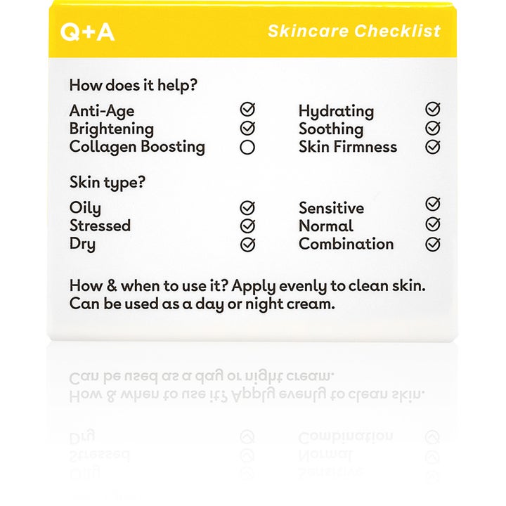 Q+A Ceramide Defence Face Cream 50 g ansiktskrem viser sjekkliste på hvit eske med fordeler som fuktighet og glød.