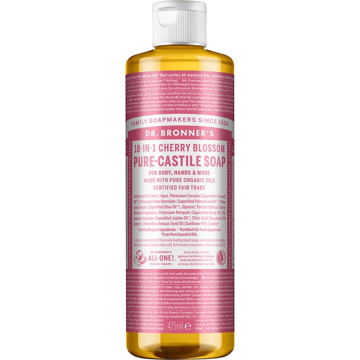 Dr. Bronner's 18-in-1 Cherry Blossom Pure-Castile Soap 475 ml flytende såpe gir skånsom vask i plastflaske med rosa etikett
