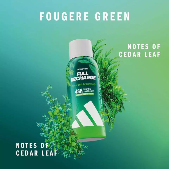 Adidas Vibes Full Recharge 150 ml deospray for menn med duft av sedertre i grønn boks omgitt av blader
