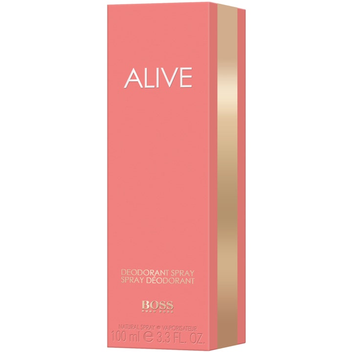 Hugo Boss Alive Deo Spray 100 ml deodorant i korallfarget ytteremballasje med en elegant vertikal gullstripe.