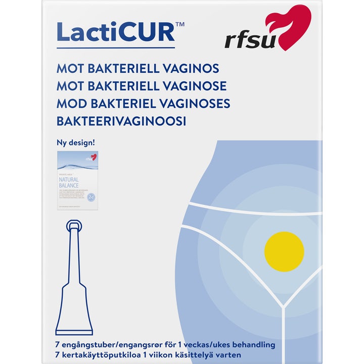 RFSU LactiCUR 7 engangsrør mot bakteriell vaginose hvit eske med illustrasjon av tube og blått mønster