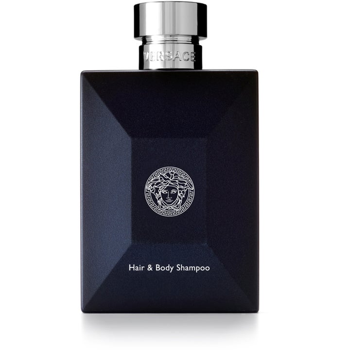 Versace Hair & Body Shampoo kroppspleie i mørkeblå flaske med geometrisk design og preget sølvkork