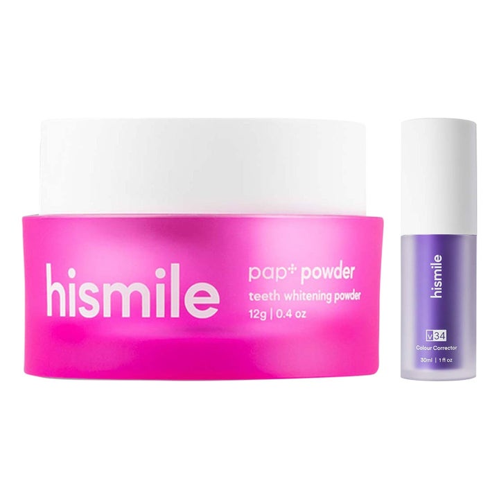 Hismile V34 Colour Corrector 30ml og PAP+ Powder 12g tannbleking i lilla pumpeflaske og rosa krukke med hvite lokk