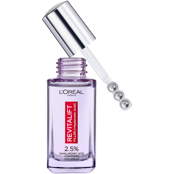 L'Oréal Paris Revitalift Filler Eye Serum 20ml fuktighetsgivende øyeserum i lilla glassflaske med trippel kuleapplikator
