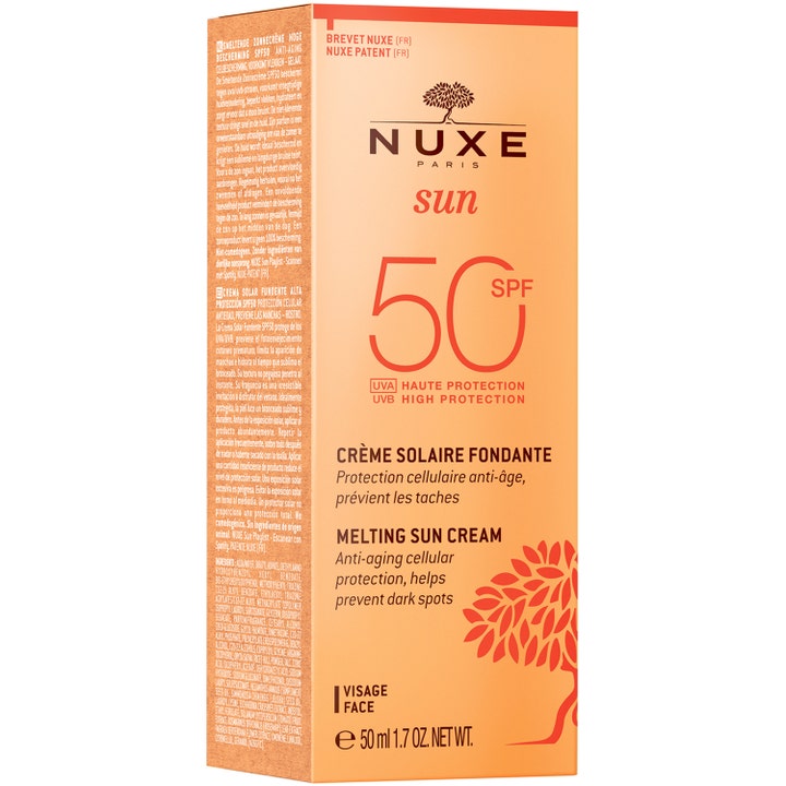 Nuxe Sun Melting Cream 50 ml solkrem for ansiktet i oransje eske med SPF 50 som gir anti-age beskyttelse.