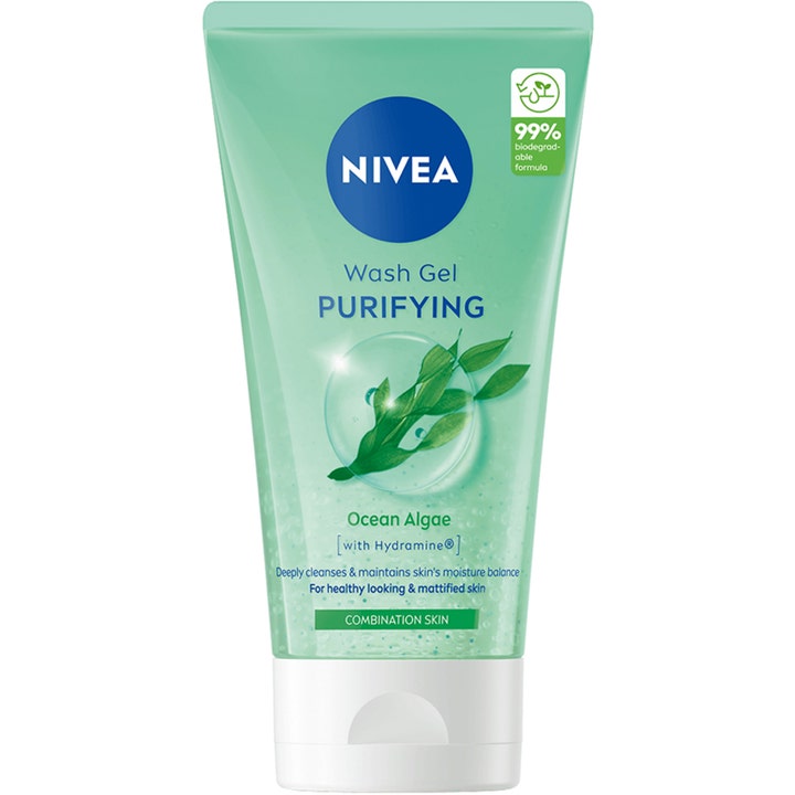 NIVEA Wash Gel Purifying 150 ml ansiktsrens som matter ned huden i lysegrønn tube med havalger
