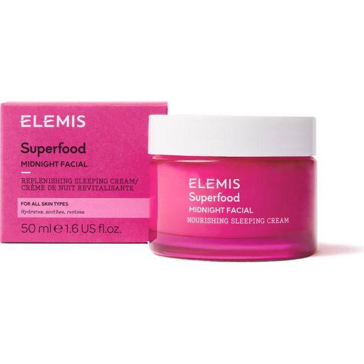 Elemis Superfood Midnight Facial 50 ml nattmaske gir fukt i lilla glasskrukke med hvitt lokk og rosa eske.
