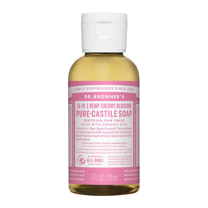 Dr. Bronner's 18-in-1 Hemp Cherry Blossom Pure-Castile Soap 59 ml økologisk såpe i klar plastflaske med rosa etikett
