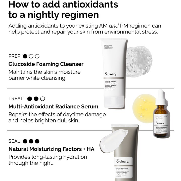 The Ordinary Multi-Antioxidant Radiance Serum 30 ml i brun glassflaske sammen med rens og ansiktskrem