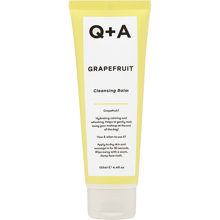Q+A Grapefruit Cleansing Balm 125ml fuktighetsgivende ansiktsrens i en gul tube med hvit etikett.