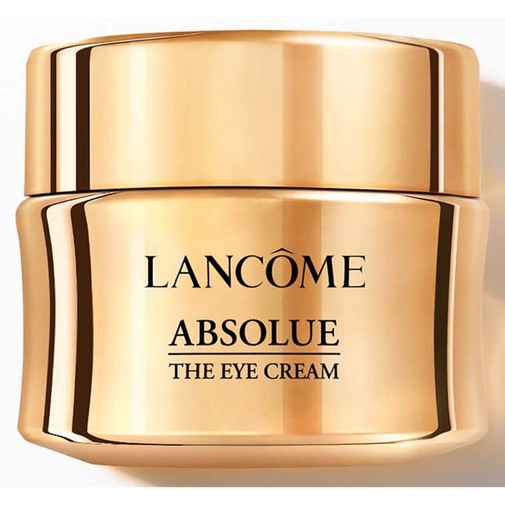 Lancôme Absolue The Eye Cream revitaliserende øyekrem i en luksuriøs og skinnende gullfarget krukke.