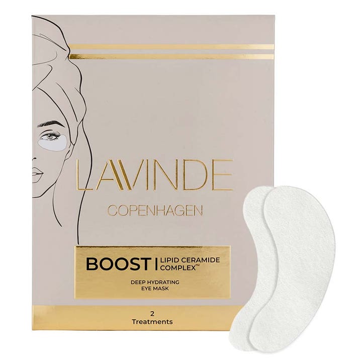 Lavinde Copenhagen Boost Deep Hydrating Eye Mask 2 stk fuktighetsgivende øyemaske i beige eske med gull og hvite patches