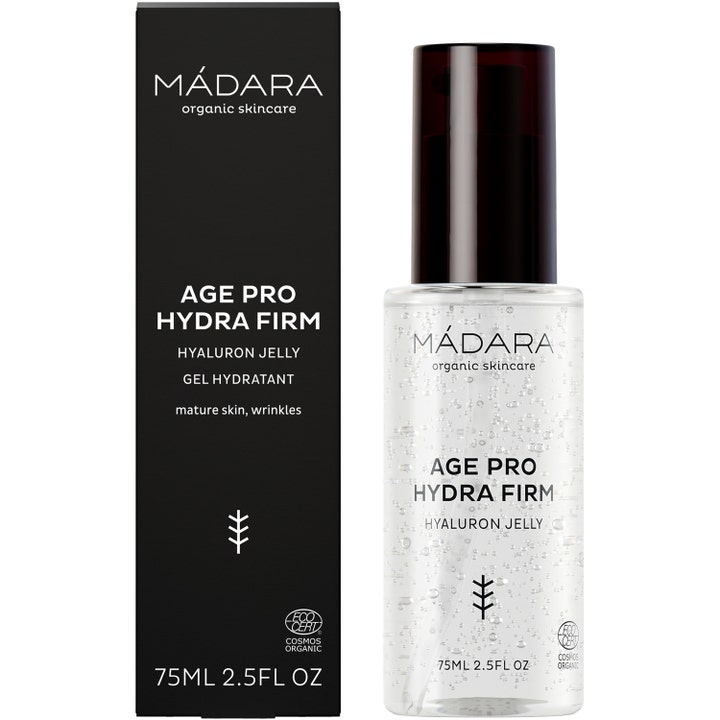 MÁDARA AGE PRO Hydra Firm Hyaluron Jelly 75 ml fuktighetsgivende gelserum i klar pumpeflaske og sort eske