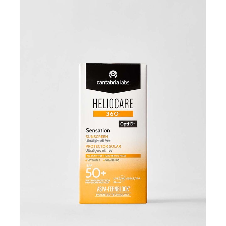 Heliocare Sensation SPF 50+ 50 ml solkrem for ansiktet i hvit og oransje eske med ultralett oljefri formel.