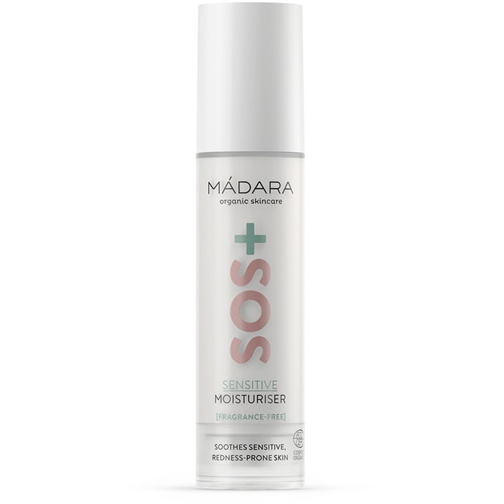 Mádara SOS+ Sensitive Moisturiser 50 ml ansiktskrem som gir ro til sensitiv hud i hvit flaske med rosa SOS-tekst.