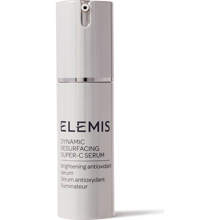 Elemis Dynamic Resurfacing Super-C Serum 30ml glødgivende ansiktsserum i hvit sylindrisk pumpeflaske med sølvdetaljer.
