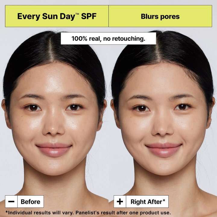 Dr.Jart+ Every Sun Day Priming Sunscreen Stick 19 g solkrem for ansiktet viser før- og ettereffekt på synlige porer.