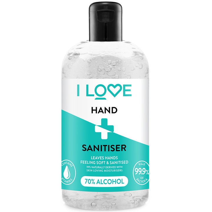 I LOVE Hand Sanitiser antibakteriell håndsprit som gir rene hender i gjennomsiktig flaske med turkis etikett.