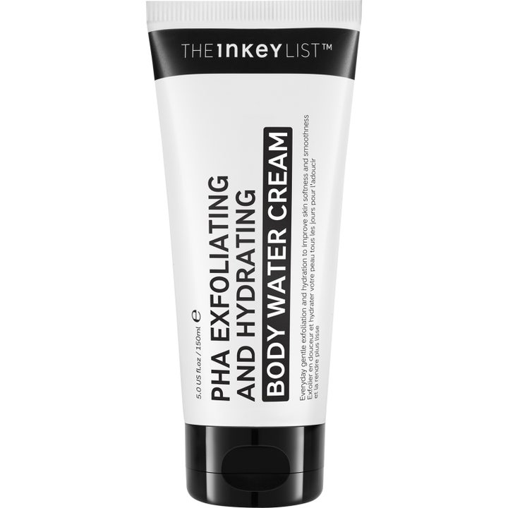 The INKEY List PHA Exfoliating and Hydrating Body Water Cream 150ml eksfolierende kroppskrem i hvit tube med sort kork.