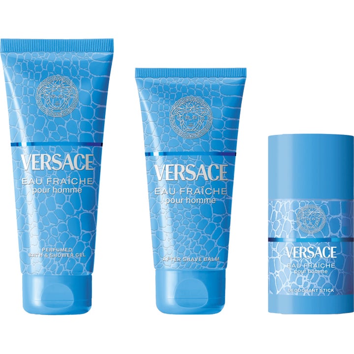 Versace Eau Fraiche After Shave Balm 75 ml beroligende hudpleiesett med dusjgelé og deodorant i blå tuber