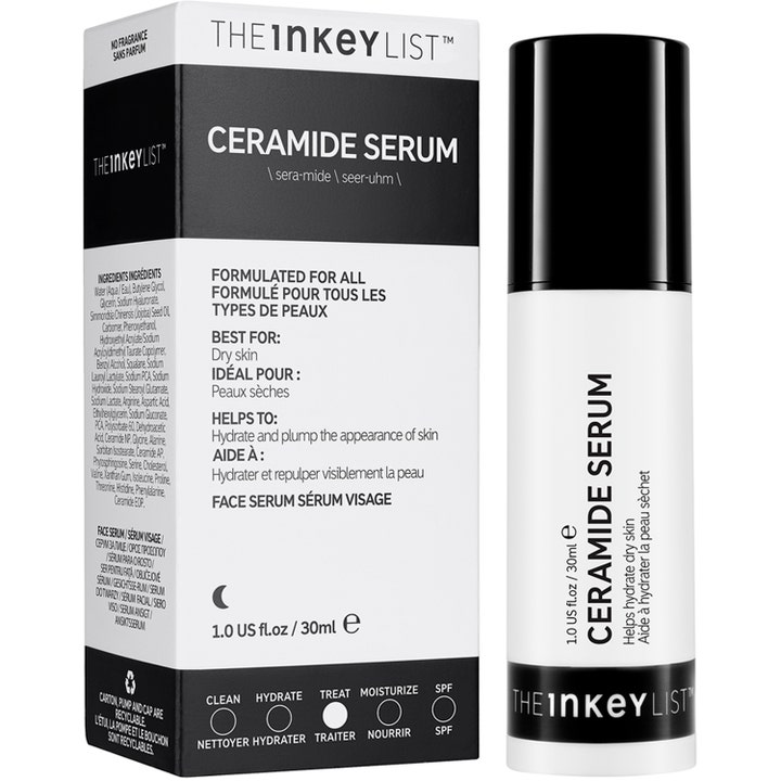 The INKEY List Ceramide Serum 30 ml fuktighetsgivende ansiktsserum i hvit flaske og eske for tørr hud