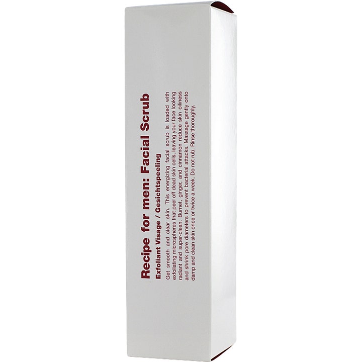 Recipe for men Facial Scrub 100 ml eksfolierende ansiktsskrubb i hvit eske med rød tekst og produktinfo