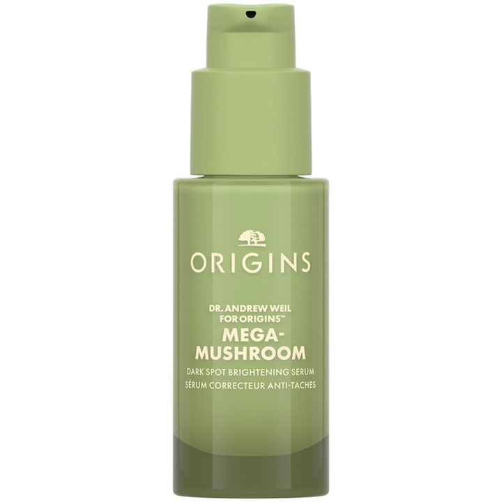 Origins Mega-Mushroom Dark Spot Brightening Serum 30 ml mot mørke flekker i en grønn matt flaske med pumpe.