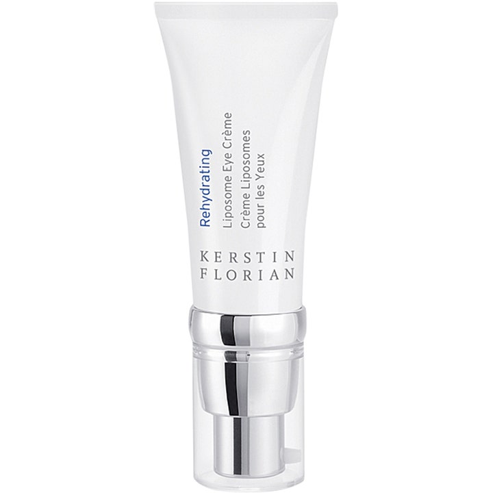 Kerstin Florian Rehydrating Liposome Eye Crème fuktgivende øyekrem i hvit tube med sølvfarget pumpe og klart lokk