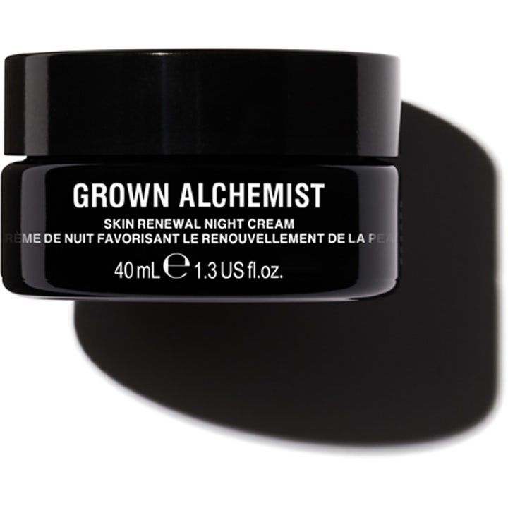 Grown Alchemist Skin Renewal Night Cream 40 ml fornyende nattkrem i en minimalistisk svart glasskrukke med svart lokk
