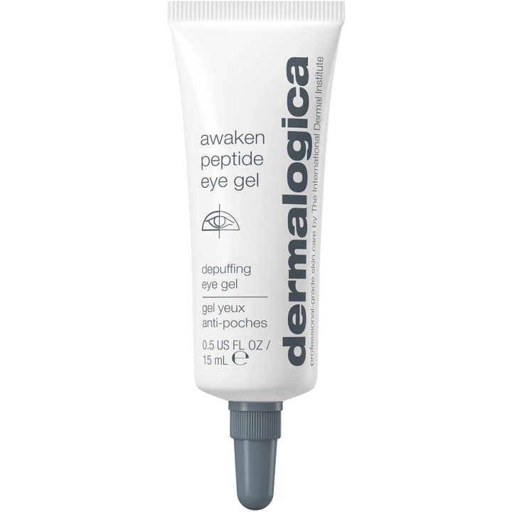 Dermalogica Awaken Peptide Eye Gel 15 ml mot hovne øyne i hvit tube med mørk grå applikatortupp