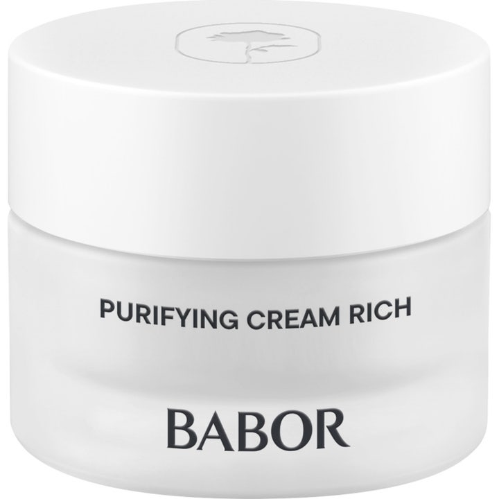 Babor Skinovage Purifying Cream Rich 50 ml ansiktskrem mot urenheter i en hvit frostet glasskrukke med grønn skrift