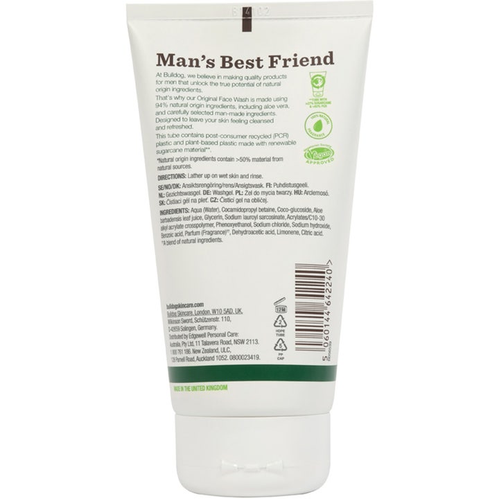 Bulldog Original Face Wash 150 ml ansiktsrens på hvit tube med ingrediensliste og vegansk sertifisering.