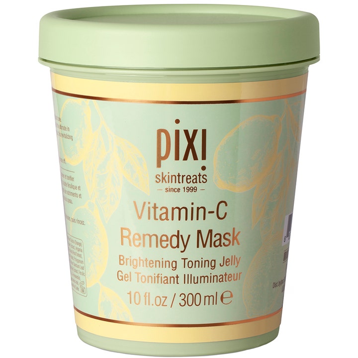 Pixi Vitamin-C Remedy Mask 300 ml opplysende ansiktsmaske i en lysegrønn krukke med dekorative sitrusillustrasjoner.