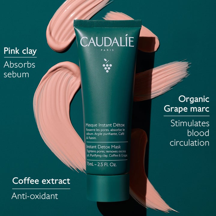 Caudalie Instant Detox Mask 75 ml ansiktsmaske med rosa leire og kaffeekstrakt omringet av teksturstrøk