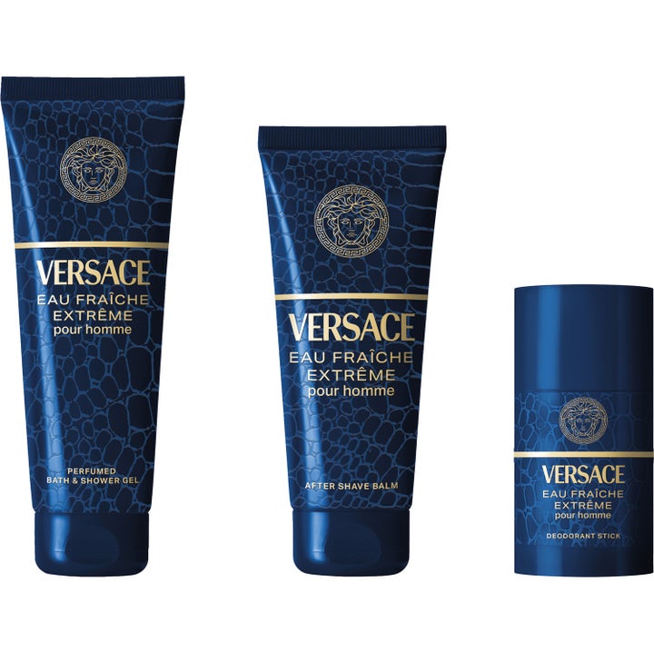 Versace Eau Fraiche Extreme Aftershave Balm 100 ml beroligende hudpleiesett i blå tuber med krokodillemønster.