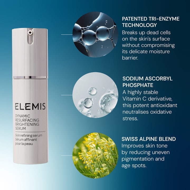 Elemis Dynamic Resurfacing Super-C Serum 30 ml lysnende serum med infografikk om vitamin C og Tri-Enzyme teknologi