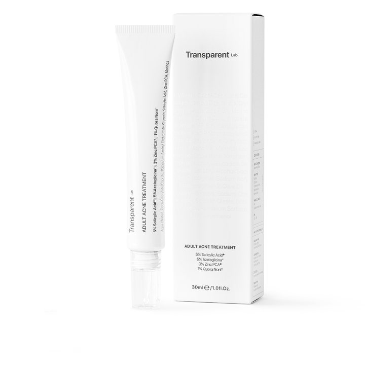 Niche Beauty Lab Transparent Lab Adult Acne Treatment 30 ml serum mot voksenakne i hvit tube og eske med salisylsyre