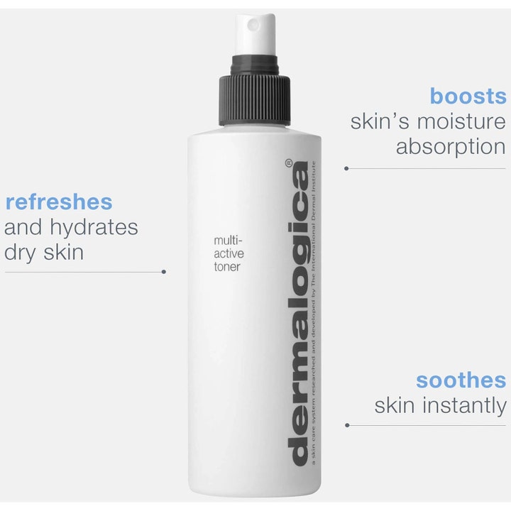 Dermalogica Multi-Active Toner 250 ml fuktgivende ansiktsvann i hvit sprayflaske som beroliger tørr hud umiddelbart.