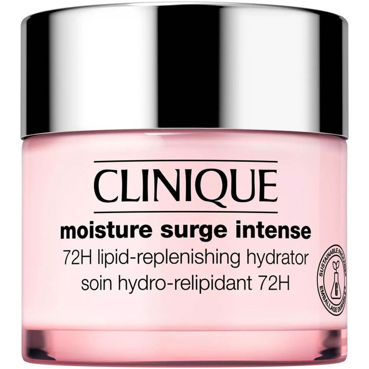 Clinique Moisture Surge Intense 72H fuktighetskrem som gir dyp fukt i en rosa glasskrukke med sølvlokk.