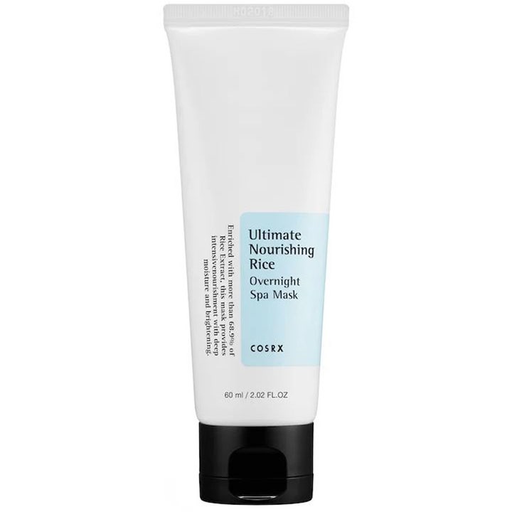 COSRX Ultimate Nourishing Rice Overnight Spa Mask 60 ml nærende nattmaske i hvit tube med sort kork og blått felt