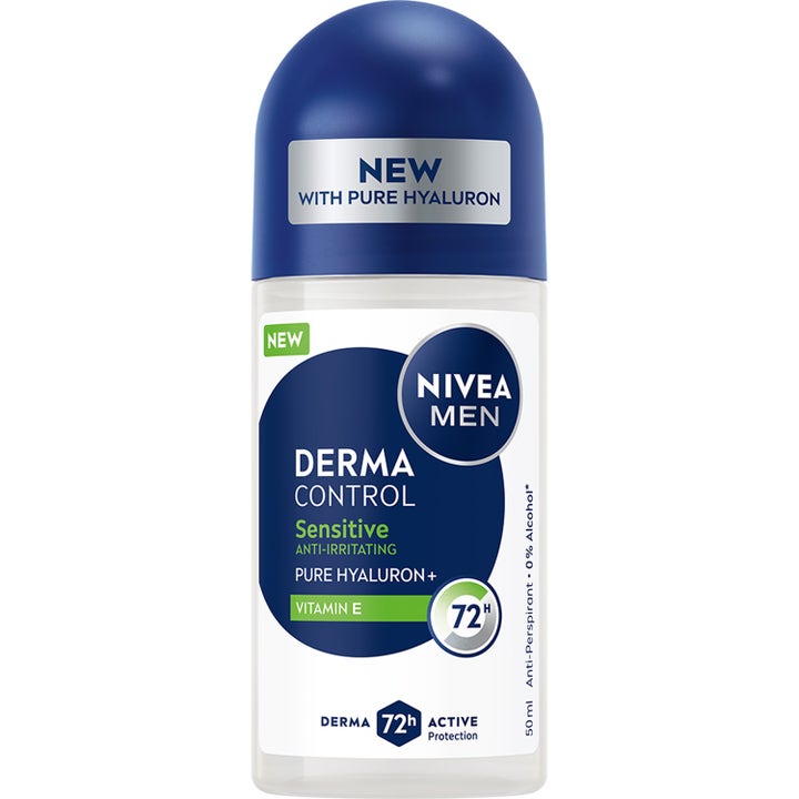 Nivea Men Derma Control Sensitive 50 ml antiperspirant som gir 72t beskyttelse i roll-on glassflaske med blått lokk