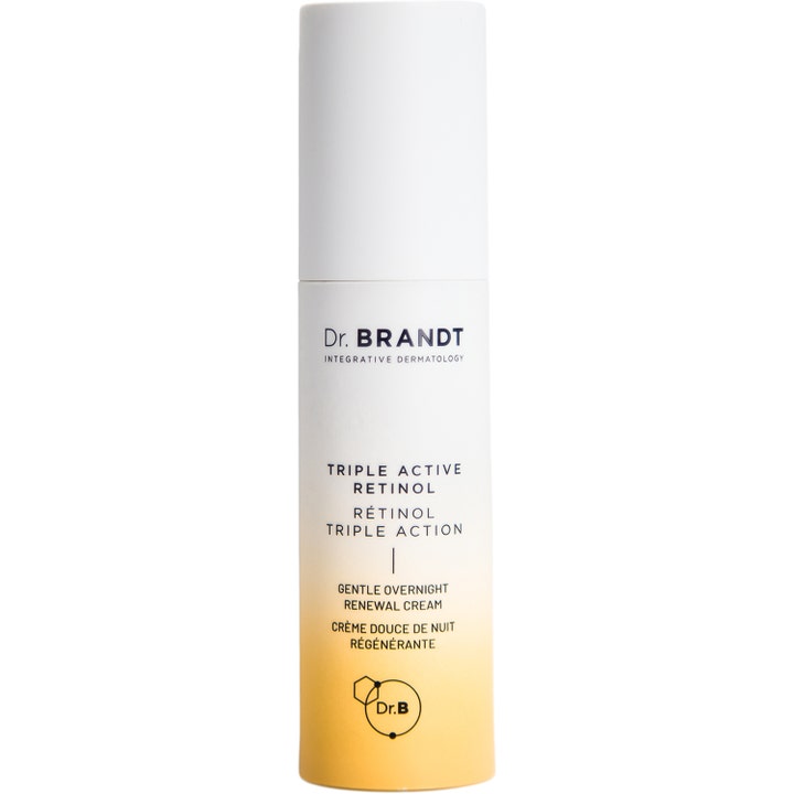 Dr. Brandt Triple Active Retinol 30ml fornyende nattkrem i hvit sylindrisk flaske med gul gradient.