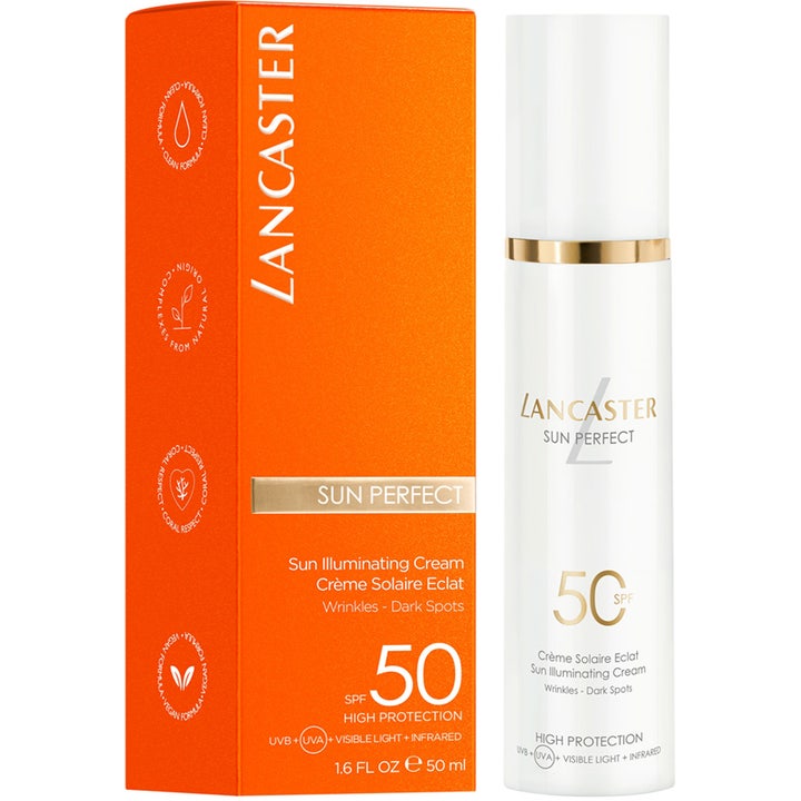 Lancaster Sun Perfect Illuminating Cream 50 ml SPF50 solkrem mot rynker og mørke flekker i hvit flaske og oransje eske