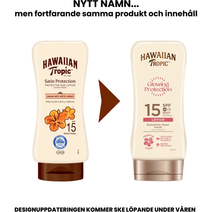 Hawaiian Tropic Glowing Protection 180 ml solkrem viser nytt design og navnebytte fra Satin Protection