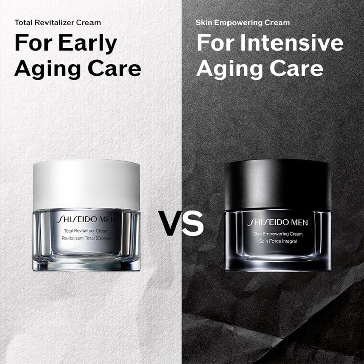 Shiseido Men anti-age ansiktskrem sammenligner Total Revitalizer og Skin Empowering Cream for tidlig og intensiv pleie.