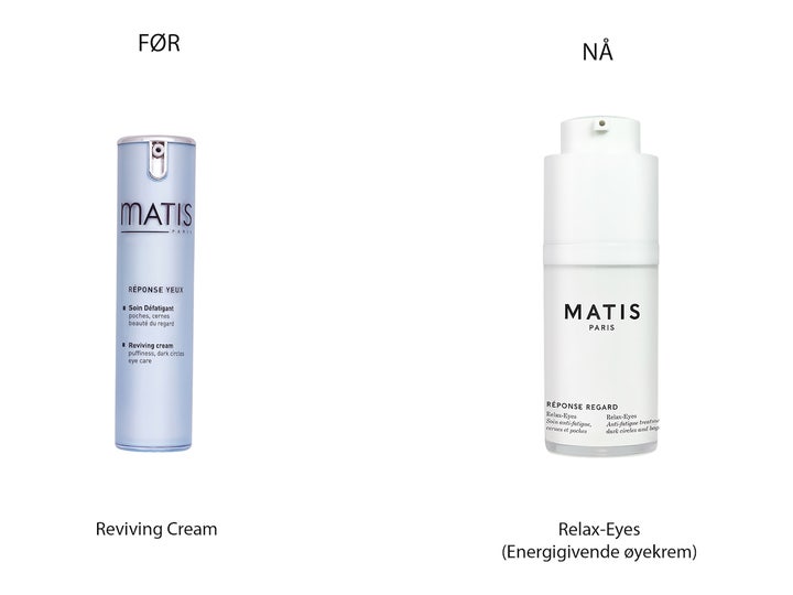 Matis Réponse Regard Relax-Eyes 15 ml energigivende øyekrem i ny hvit forpakning sammenlignet med gammel lilla flaske