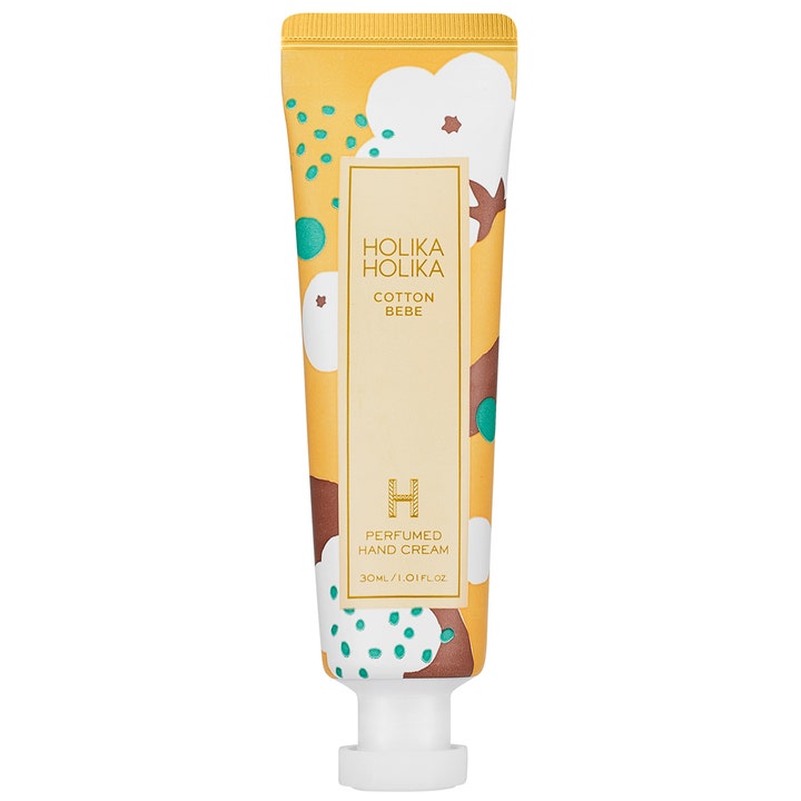 Holika Holika Cotton Bebe Perfumed Hand Cream 30ml mykgjørende håndkrem i gul tube med hvitt bomullsmønster og hvit kork