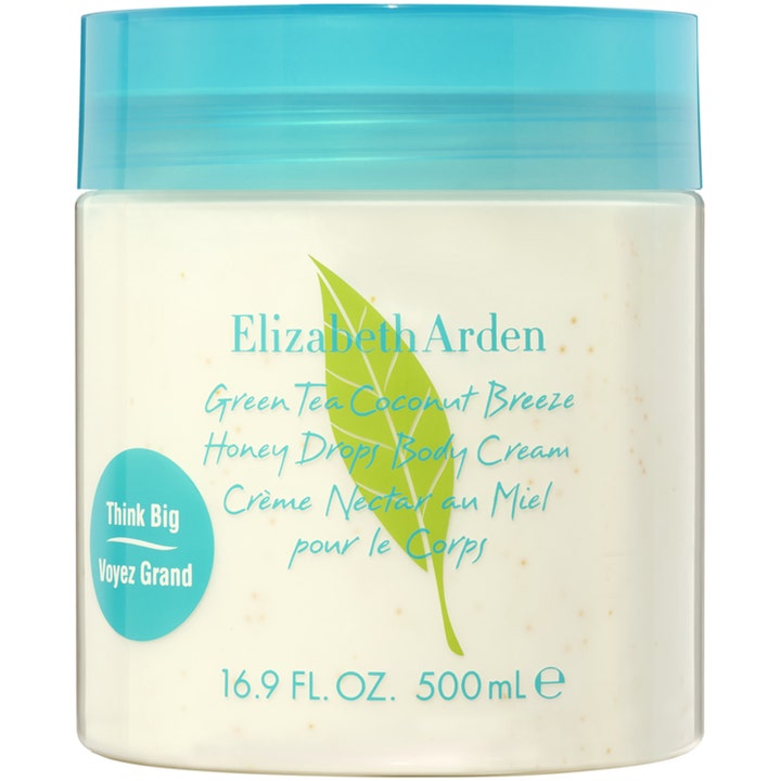 Elizabeth Arden Green Tea Coconut Breeze Honey Drops Body Cream 500 ml gir fuktighet i krukke med lyseblått lokk.